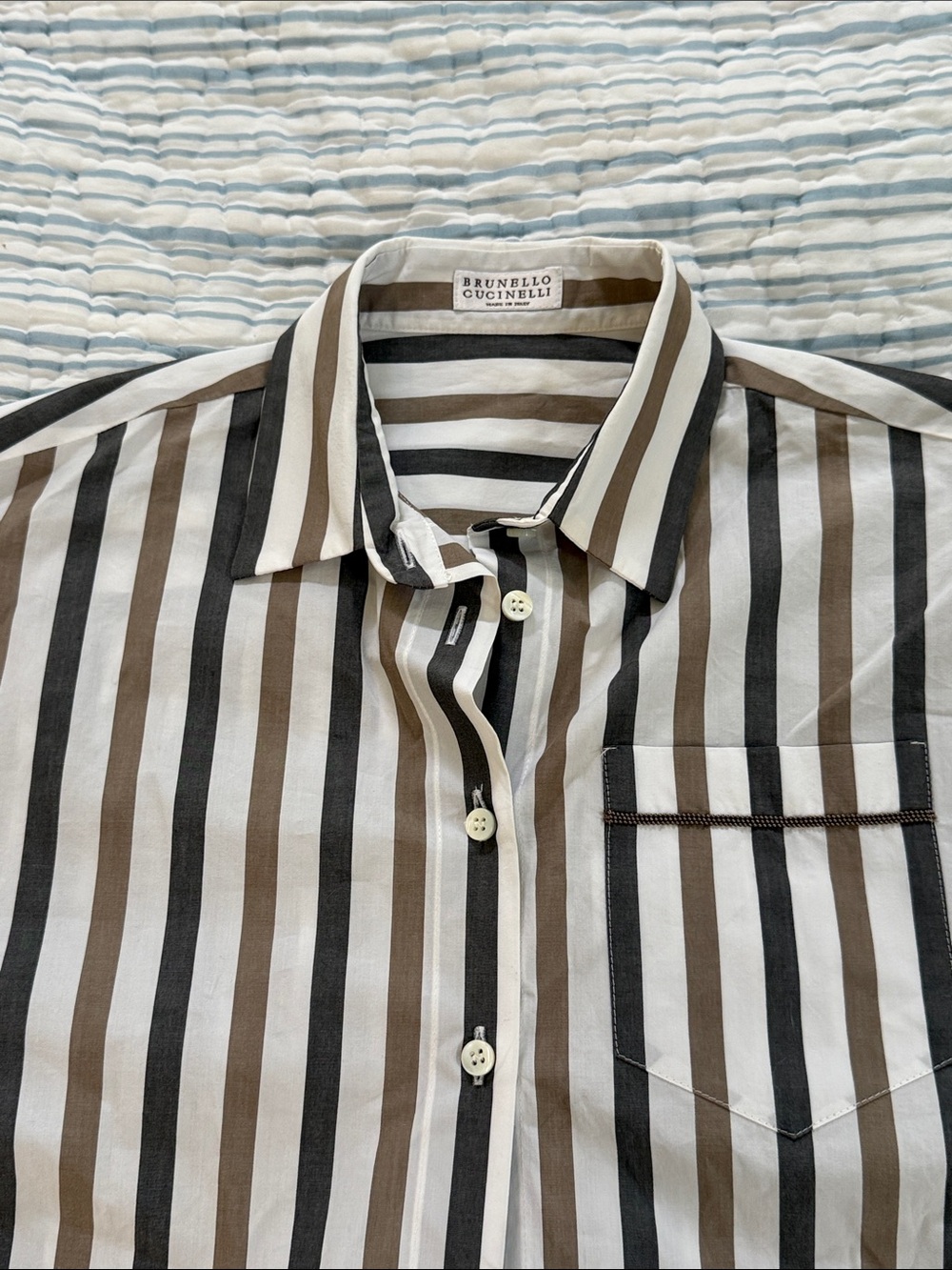 Brunello Cucinelli Brown, Black & White Striped Organic Cotton Button-Up Blouse
